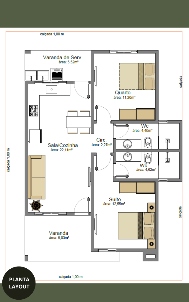 Planta de Casa com 2 Quartos Sendo 1 Suite _ RG-004