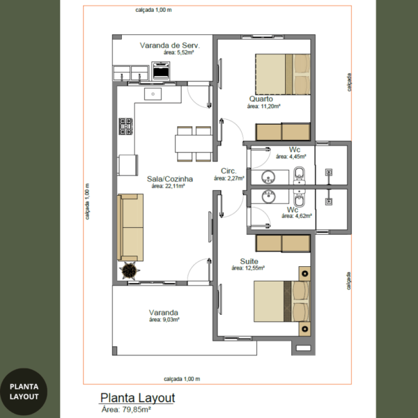 Planta de Casa com 2 Quartos Sendo 1 Suite | RG-004 - Imagem 2