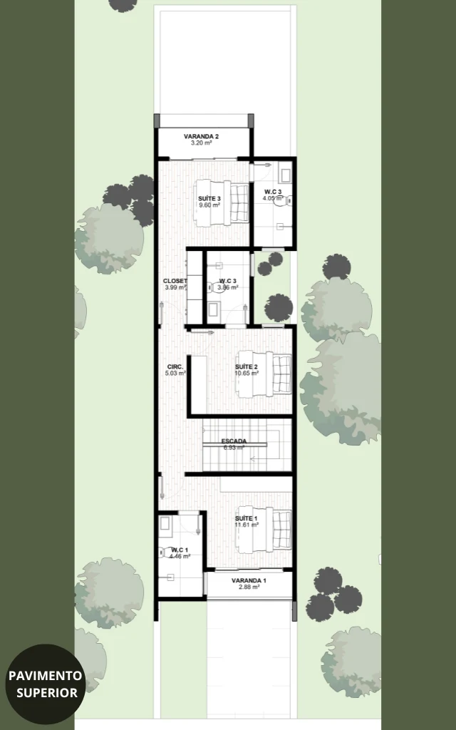 Planta de Sobrado 3 Quartos com Garagem