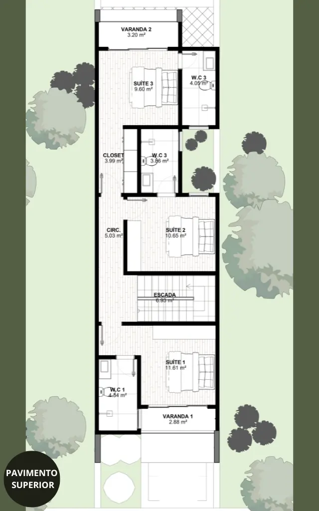 Planta de Sobrado 3 Quartos e Closet GM-012